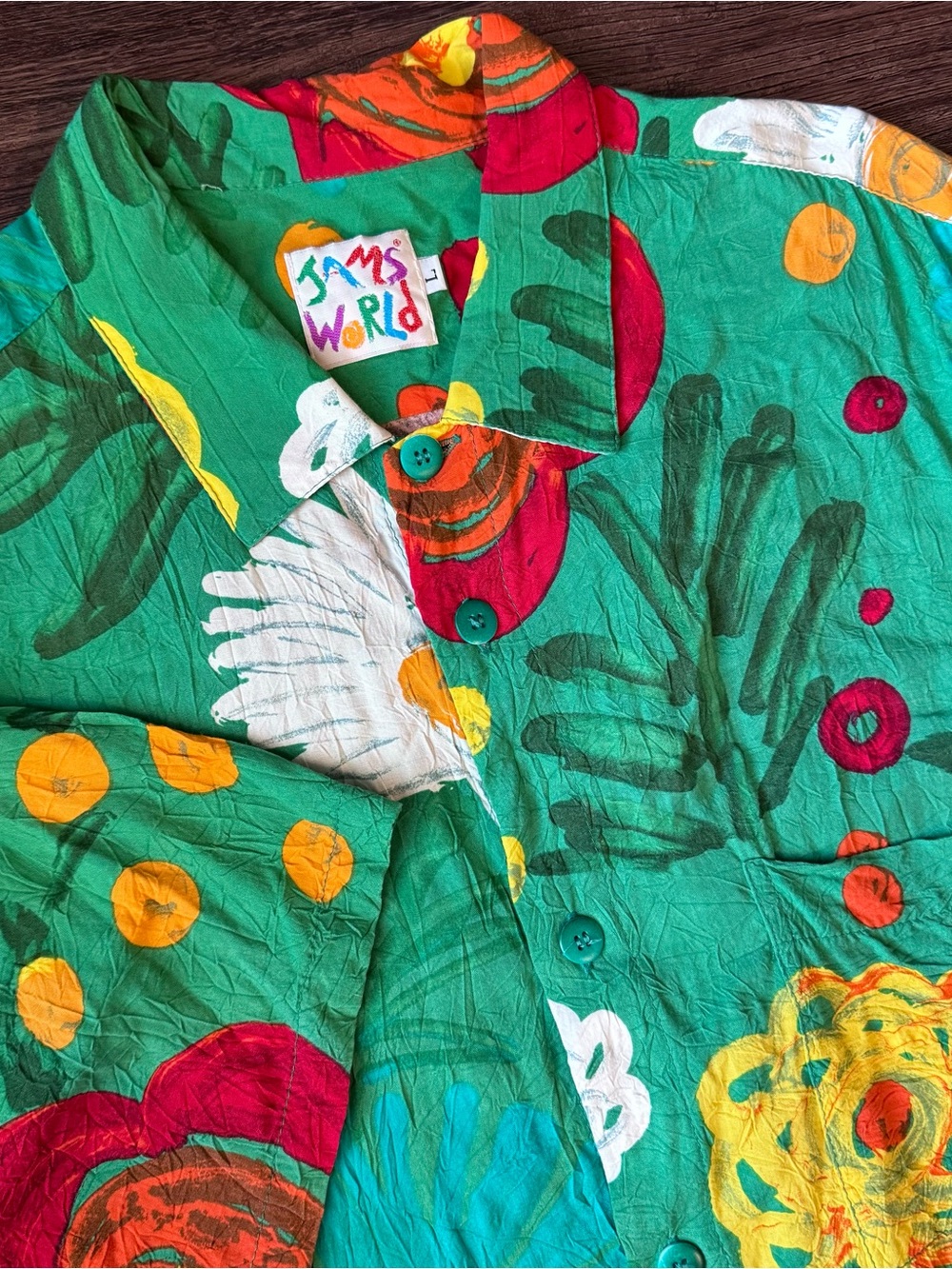 Vintage Jams World Hawaiian Shirt Mens Large Green Floral Rayon USA Made M630RE